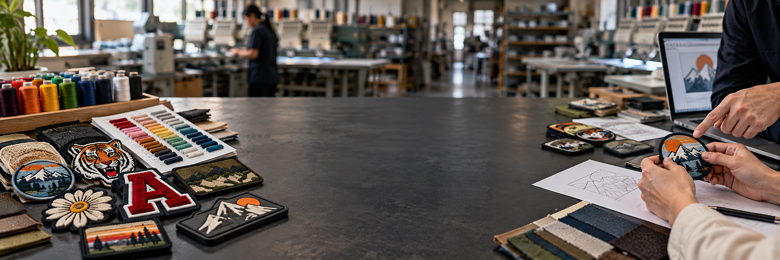 Artwork, a sample patch and a specification sheet being checked side by side at the LOVECOLOUR factory.