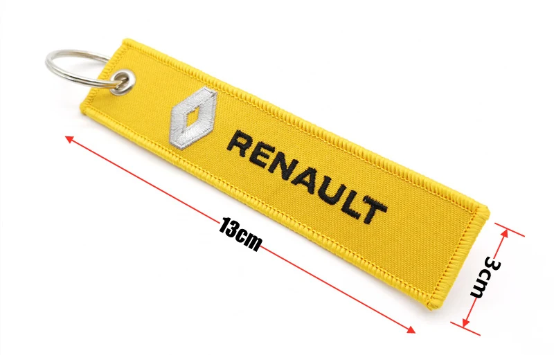 Yellow Renault fabric keychain tag with metal ring and 13 by 3 cm dimension lines.