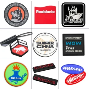 Assorted logo patch designs featuring badges, lettering, and illustrated motifs.