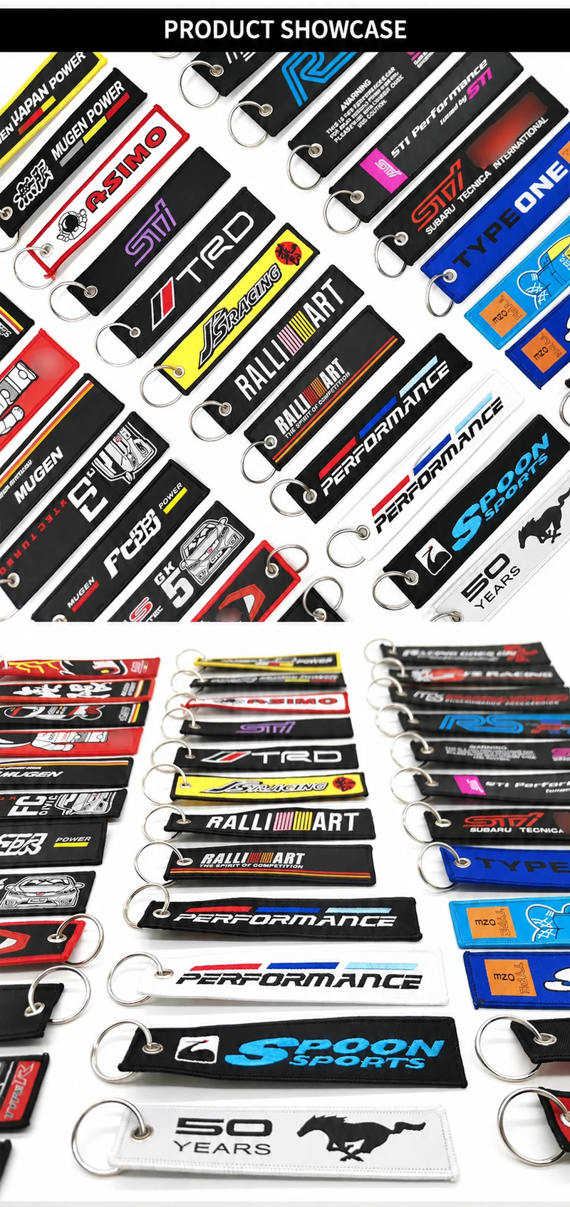 Two collage views of assorted automotive branded embroidered flight tag keychains.