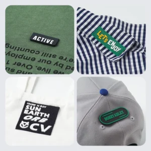 Four close-up examples of sewn labels and patches attached to apparel and a cap.