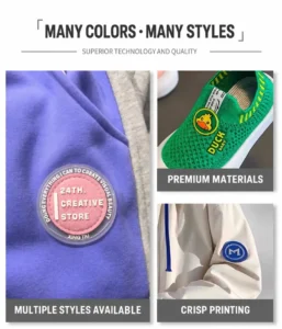 English-language collage showing decorative patches on a sweatshirt, shoe, and jacket, with captions about style, materials and crisp printing.