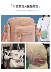 Collage of a beige backpack and other bags showing custom badges and decorative details.