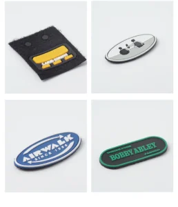 Four metal badge and nameplate examples shown individually on pale backgrounds.