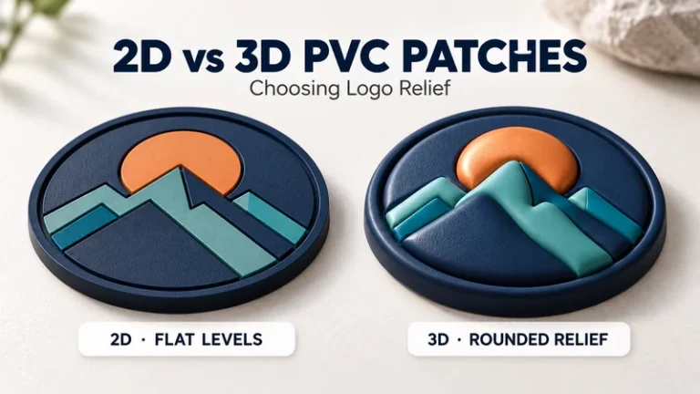 Side by side mountain PVC patches showing flat 2D layers and rounded 3D relief