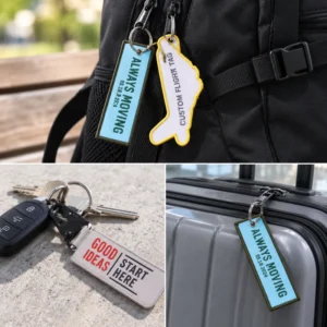 Turquoise Always Moving fabric keychain on backpack keys and luggage