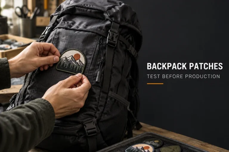 Hands positioning a mountain embroidered patch on a black backpack beside a test before production headline