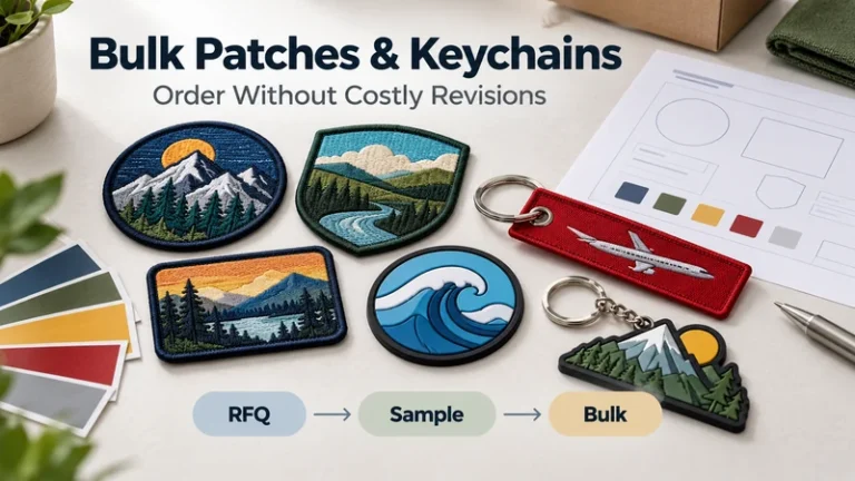 Patch and keychain samples with RFQ sample and bulk production steps