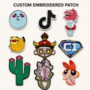 Nine colorful embroidered patches featuring cartoon characters, a cactus and other motifs