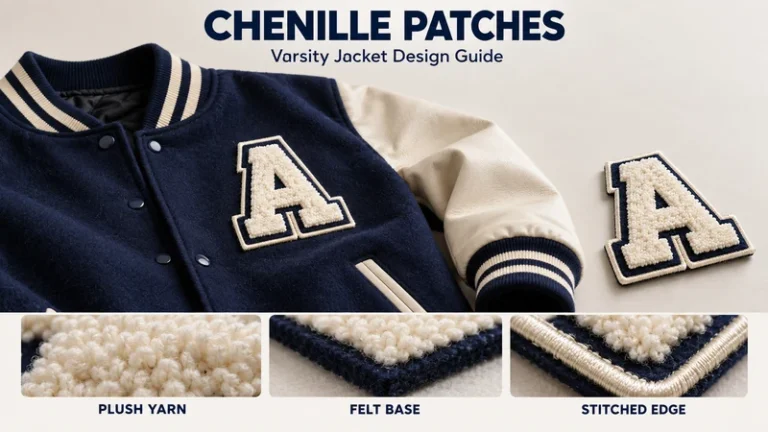 Varsity jacket chenille letter patch with plush yarn felt base and stitched edge details