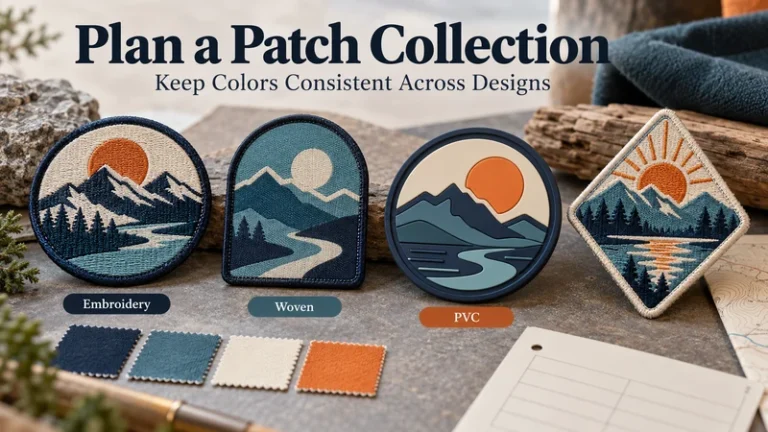 Mountain designs in embroidered woven and PVC patch styles with color swatches