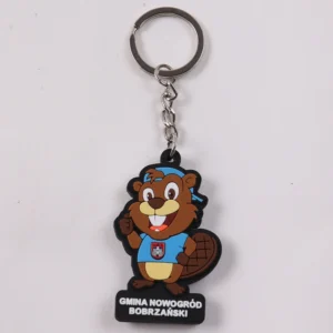 Cartoon beaver mascot PVC keychain with silver chain and split ring