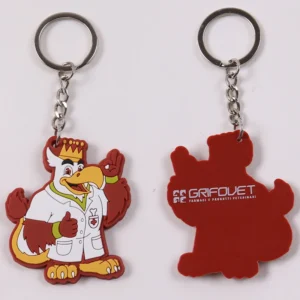Front and back views of bird mascot PVC keychains with metal rings