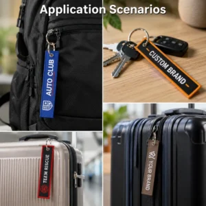 Branded fabric keychain examples on backpack keys and suitcases