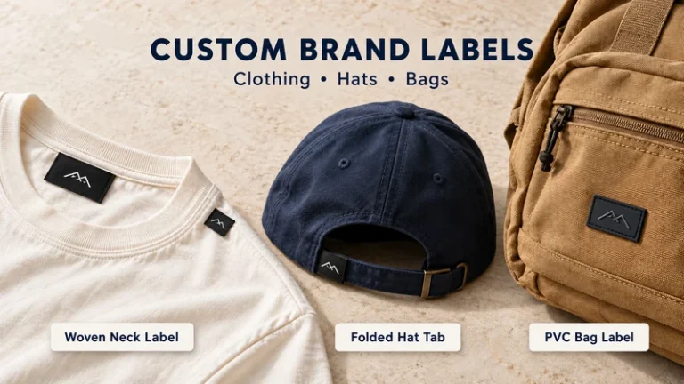 Graphic comparing woven neck label folded hat tab and PVC bag label
