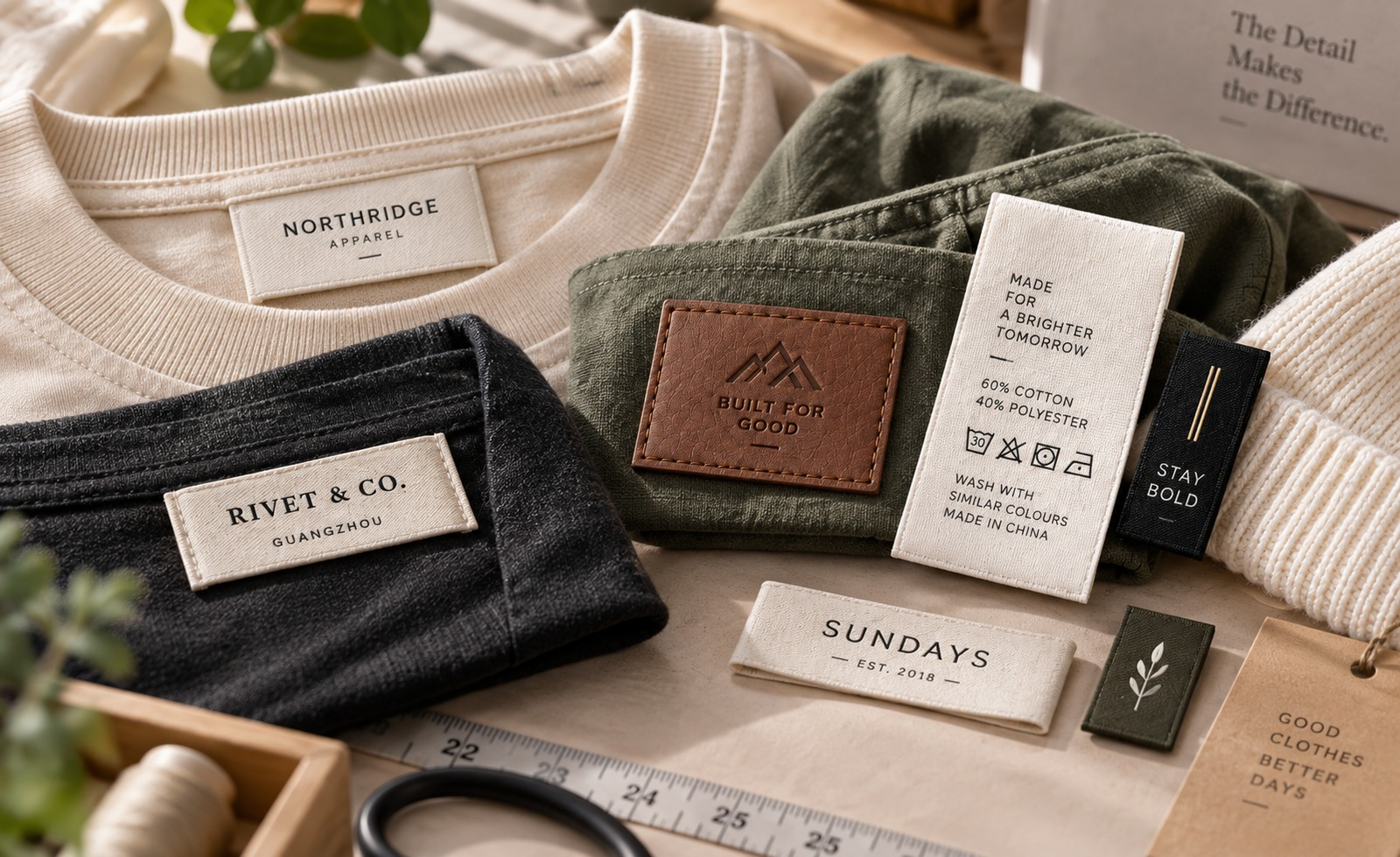 Damask woven neck labels, printed care labels, side-seam tabs and leather brand patches produced at the LOVECOLOUR factory in Guangzhou.