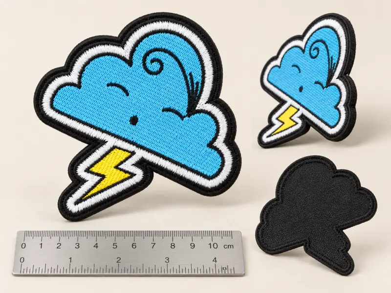 Blue cloud and yellow lightning embroidered patches in two sizes with black borders and ruler for scale