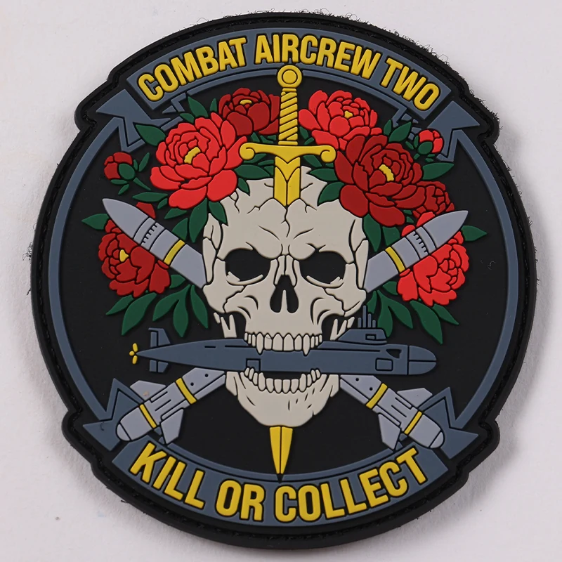 Round combat aircrew PVC patch with skull aircraft missiles roses and sword