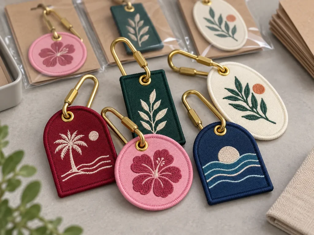 Colorful floral and nature-themed embroidered keychains with gold metal clips arranged for retail display