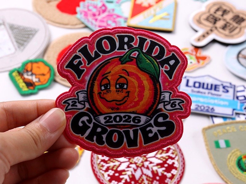 Custom Florida Groves embroidered patch with orange character, pink lettering and detailed stitched border