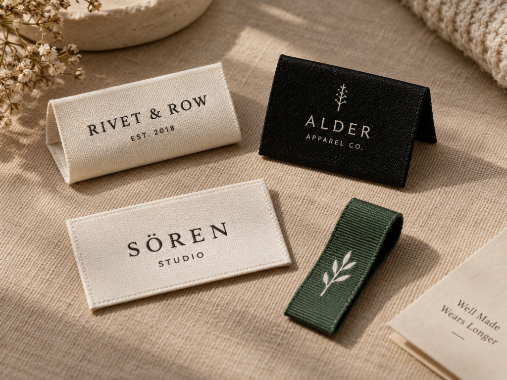 Black, cream, white and green folded woven labels arranged on natural fabric