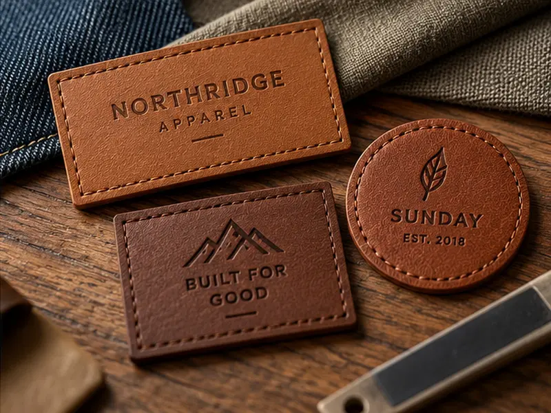 Three custom brown leather brand label patches with debossed logos and stitched borders