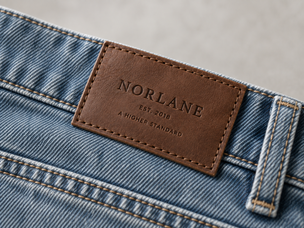 Brown custom NORIANE leather logo patch stitched onto blue denim jeans
