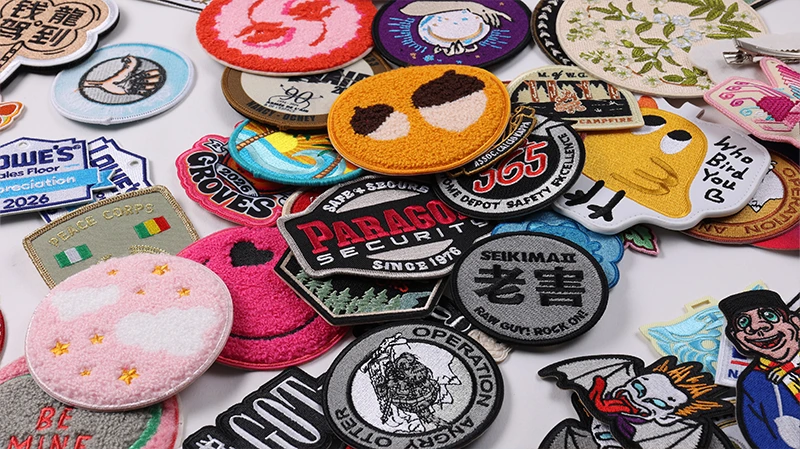 Colorful custom logo embroidered patches arranged in a factory product display