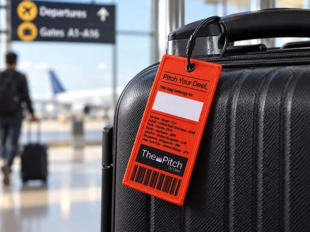 Red custom luggage tag attached to a black suitcase handle in an airport terminal