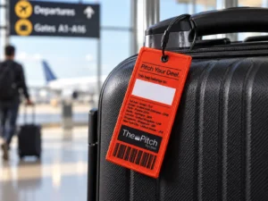 Red custom luggage tag attached to a black suitcase handle in an airport terminal