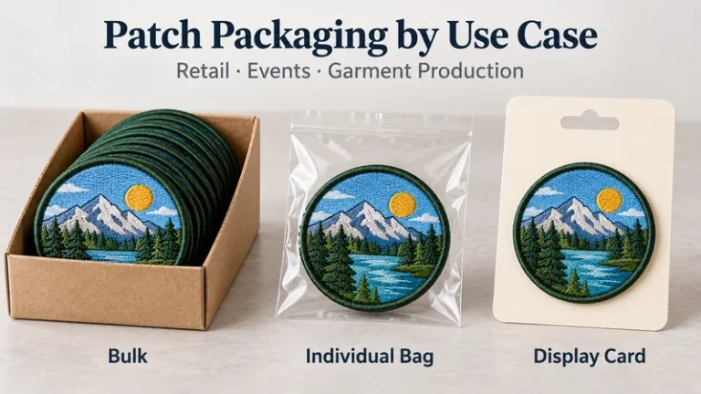 Mountain patch shown in bulk carton individual bag and display card packaging
