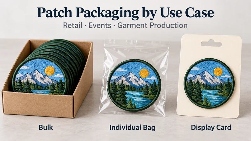 Mountain patch shown in bulk carton individual bag and display card packaging
