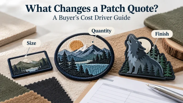 Patches fabric swatches and quote sheet illustrating patch pricing factors