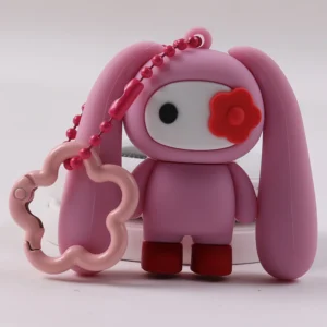 Pink bunny character PVC keychain with flower-shaped clasp and bead chain