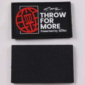 Front and separate black fabric backing of a rectangular promotional PVC patch