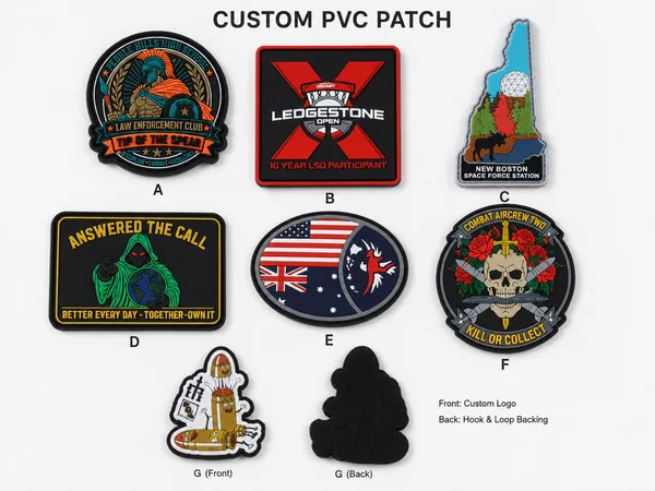 Assorted custom PVC patches in round, square and irregular shapes