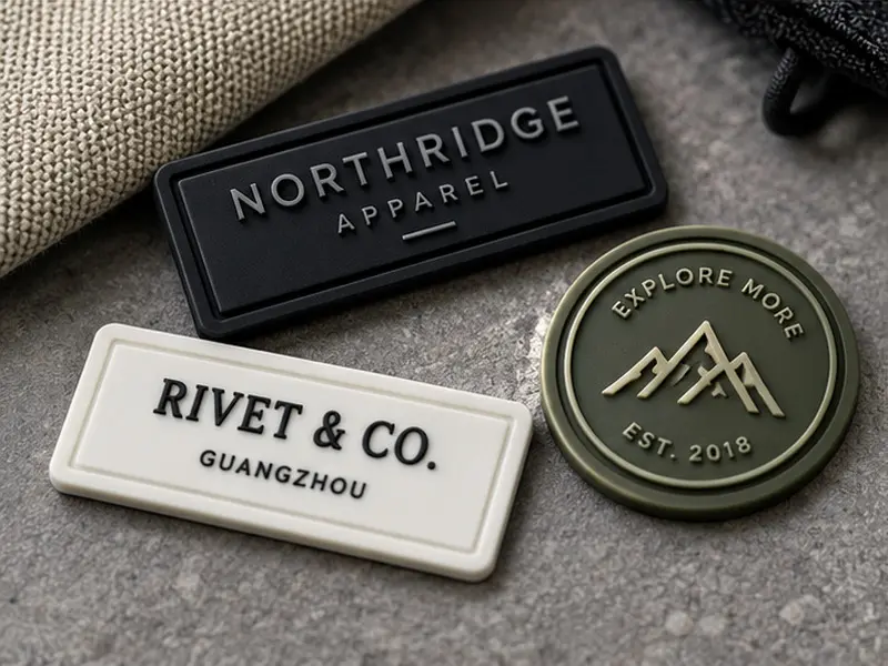 Black, white and green custom PVC rubber label patches with raised brand logos