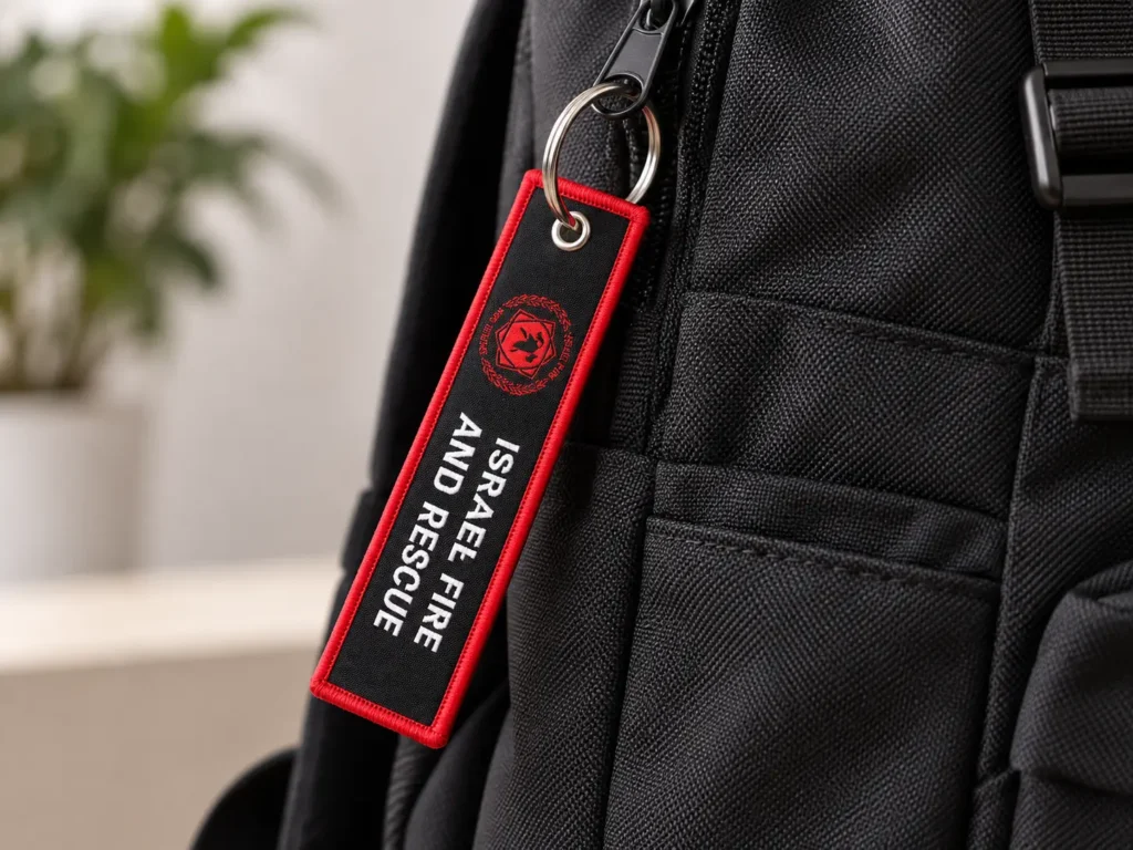 Black and red Remove Before Flight embroidered keychain attached to a black backpack zipper