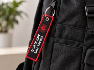 Black and red Remove Before Flight embroidered keychain attached to a black backpack zipper