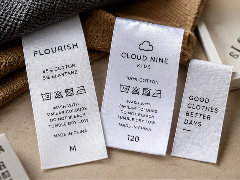 White custom satin care labels printed with fiber content, washing symbols and size information