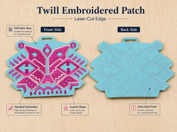 Pink geometric embroidered patch shown beside its blue twill back