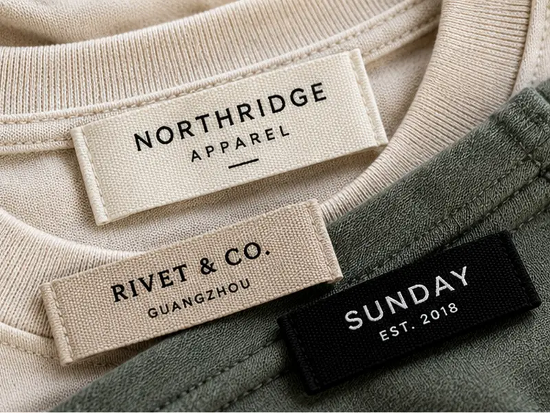 Cream and black custom woven clothing labels displayed on neutral cotton garments