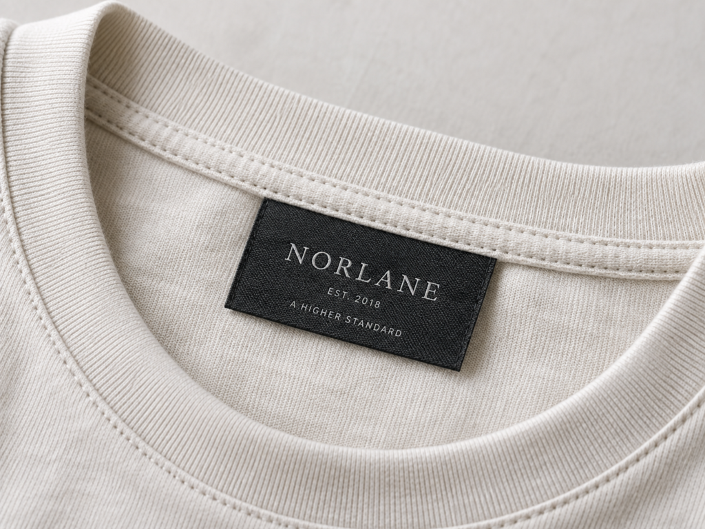 Black custom woven NORIANE neck label sewn inside a cream cotton T-shirt collar
