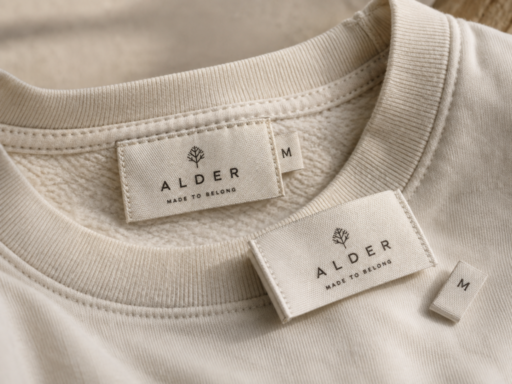 Cream ALDER woven neck labels and matching size tags displayed on a cotton T-shirt