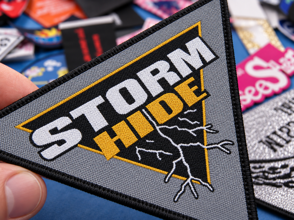 Close-up of a triangular custom woven patch with STORM HIDE lettering, yellow border details and lightning artwork