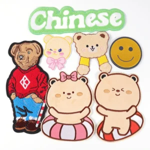 Collection of colorful custom chenille patches with cute characters and Chinese lettering
