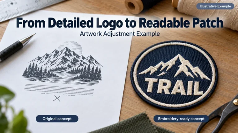 Detailed mountain logo sketch beside simplified Trail embroidered patch