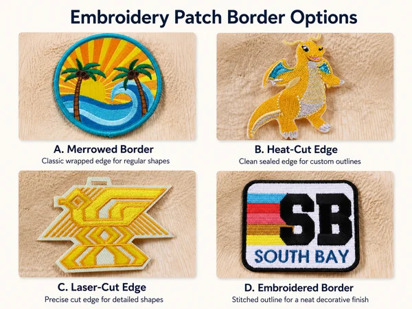 Four patch samples showing merrowed, heat cut, laser cut and embroidered borders