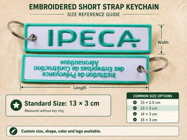 Green and white embroidered short strap keychain shown with a 13 × 3 cm size guide