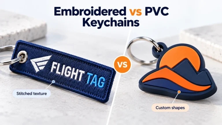 Blue stitched fabric flight tag compared with orange mountain shaped PVC keychain
